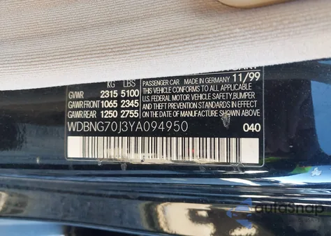 2000 Mercedes-Benz S 430 z USA, uszkodzony, nr VIN WDBNG70J3YA094950